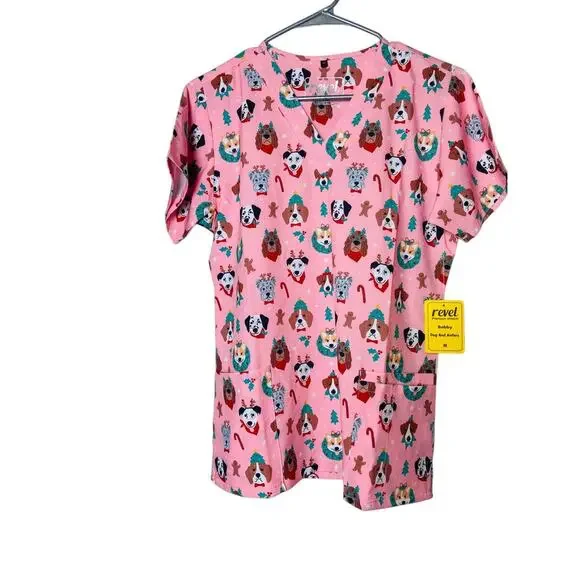 LOT OF 5 Womens Printed Scrub Top Short Sleeve Medium Holiday Workwear Medical - Picture 5 of 13